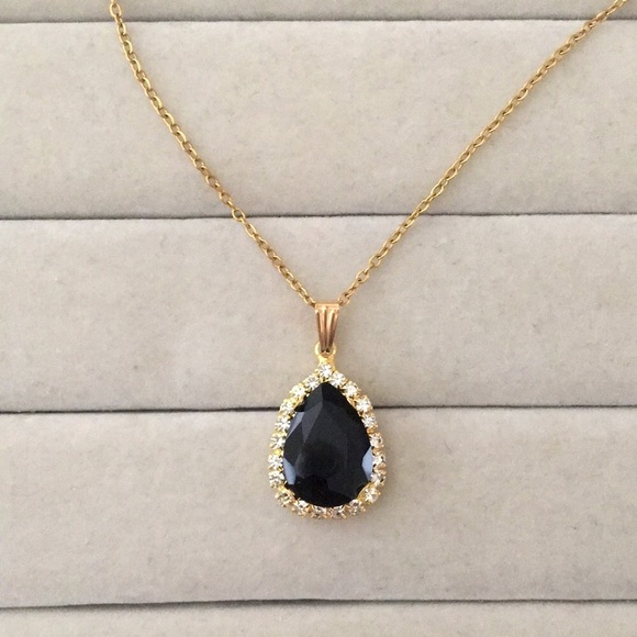 Jewelry - Onyx-Jet Black + Gold Crystal Halo Pear Drop Pendant Necklace